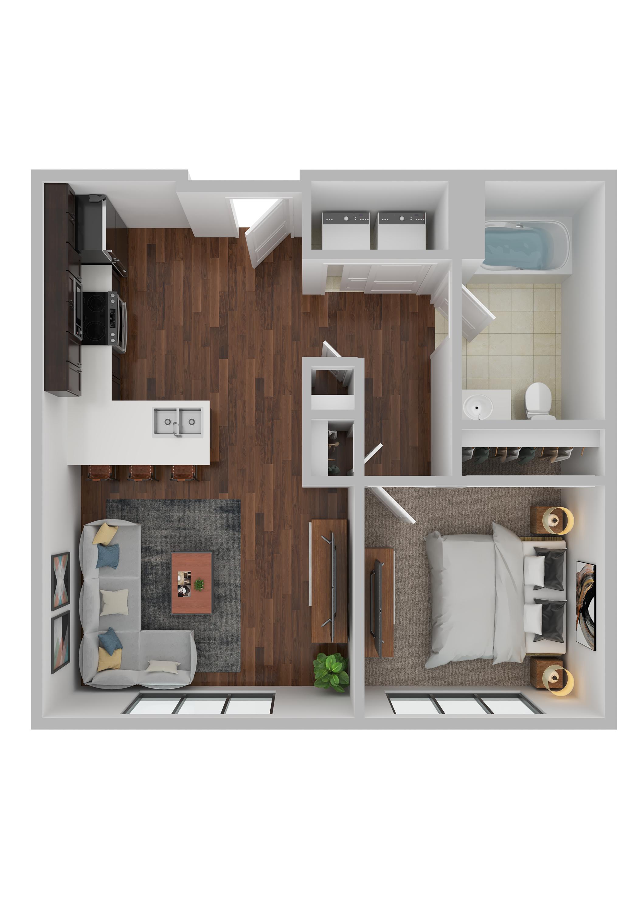 Floor plan for 1 bed, 1 bath, 589 sqft